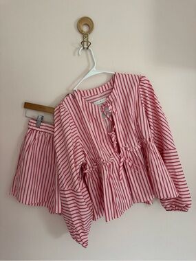 Pink and White Striped Women's Peplum Top and Shorts Set